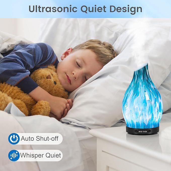 Essential Oil Diffuser, 120ML Glass Aromatherapy Diffuser with Auto Shut-Off and 7 Color LED Lights, Ultrasonic Mist Humidifier with 4 Timer for Home Office Bedroom (Blue Mountain)