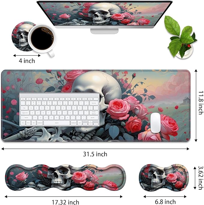 4 in 1 Ergonomic Memory Foam Mouse Pad Wrist Rest Set, Large XXL Gaming Desk Pad + Keyboard Wrist Rest + Mouse Wrist Cushion + Coaster for Home Office Study Gaming, Skull Roses