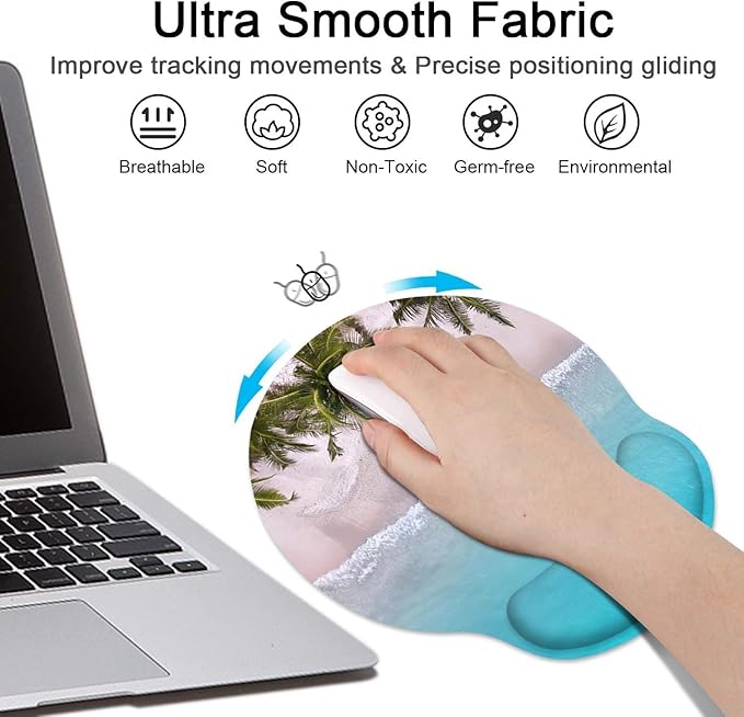 Britimes Blue Ocean Mouse Pad 3pcs Set with Wrist Support Non-Slip Rubber Base Ergonomic Pad,Summer Beach Mouse Wrist Cushion Support and Coasters for Home Office Gaming Easy Typing & Pain Relief