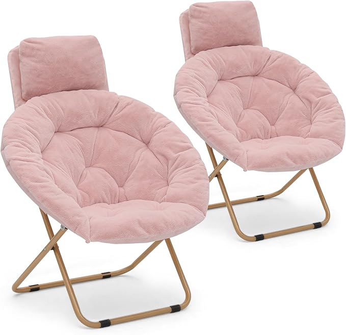 Athena Collection Comfy Saucer Chair with Headrest Oversize Round Cozy Chair Folding Chair Faux Fur Metal Frame Foldable Reading Chair Accent Chair for Bedroom Living Room Set of 2, Pink