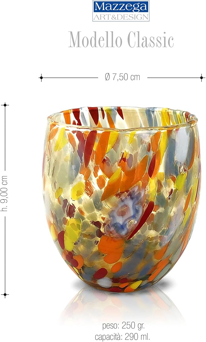 MAZZEGA ART & DESIGN - Set of 6 Handcrafted Blown Glass Water Glasses with Refined and Original Murano Murrine - The Colors of Murano - 'Classic 9,8 oz' Model. Made in Italy (6, Yellow)