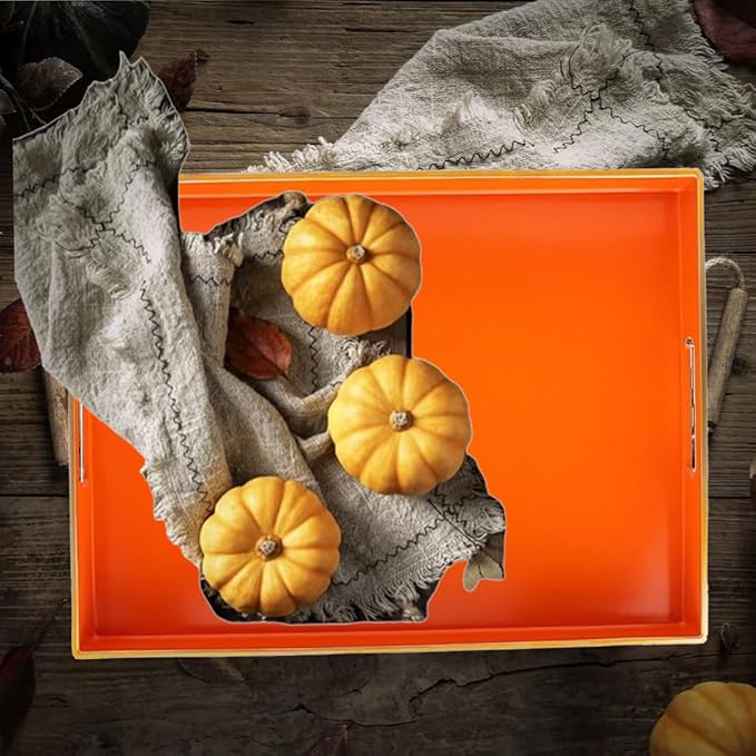 Large Decorative Tray, Orange Serving Tray with Handles, Plastic Coffee Table Tray for Living Room, Ottoman, Bathroom, Kitchen, Decor, 15.7”*11.8”