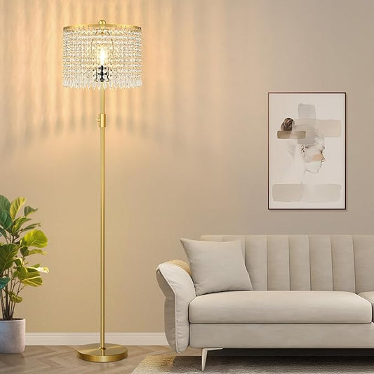 【Upgraded】 Floor Lamps for Living Room, 1000LM LED Bulb Included, Dimmable Standing Lamp with Crystal Lampshade, Tall Gold Pole Light for Bedroom Nursery Office Corner Reading