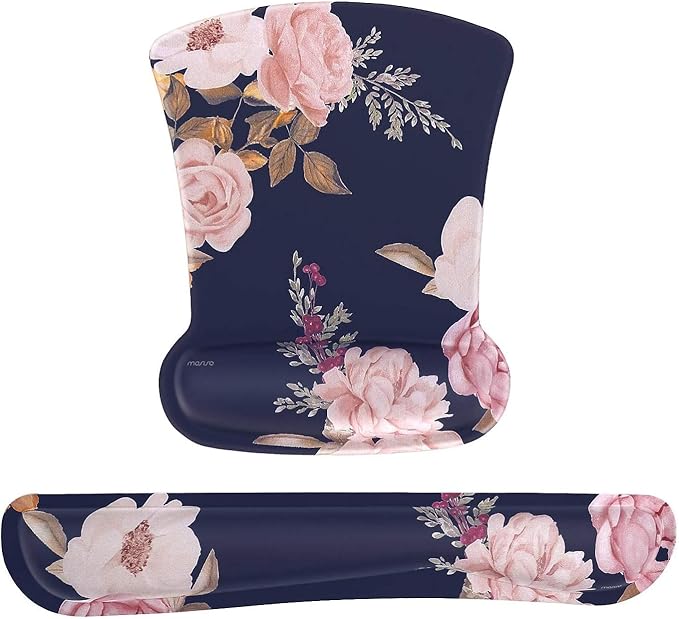 MOSISO Wrist Rest Support for Mouse Pad & Keyboard Set, Peony Ergonomic Mousepad Non-Slip Base Home/Office Pain Relief & Easy Typing Cushion with Neoprene Cloth & Raised Memory Foam, Blue