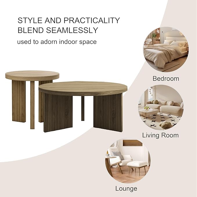 Nesting Coffee Table Set of 2, Modern Wooden Coffee Table with Smooth Thick Design, Circle Tea Table and End Table Set, Accent Center Tables for Living Room, Office, Walnut