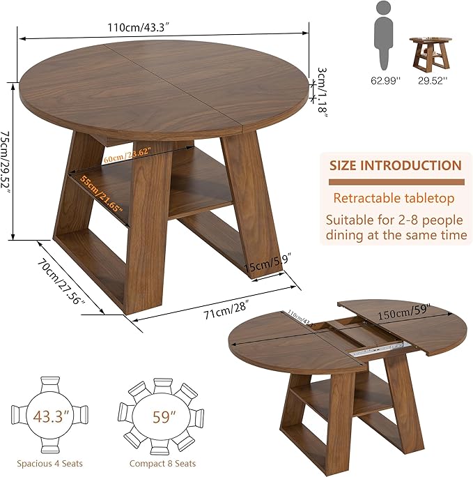 43.3in-59in Extendable Round Dining Table for 4-8,Modern Kitchen Oval Dining Table with Removable Leaves Space Saving,Wood Base with Storage Shelf for Kitchen Living Room