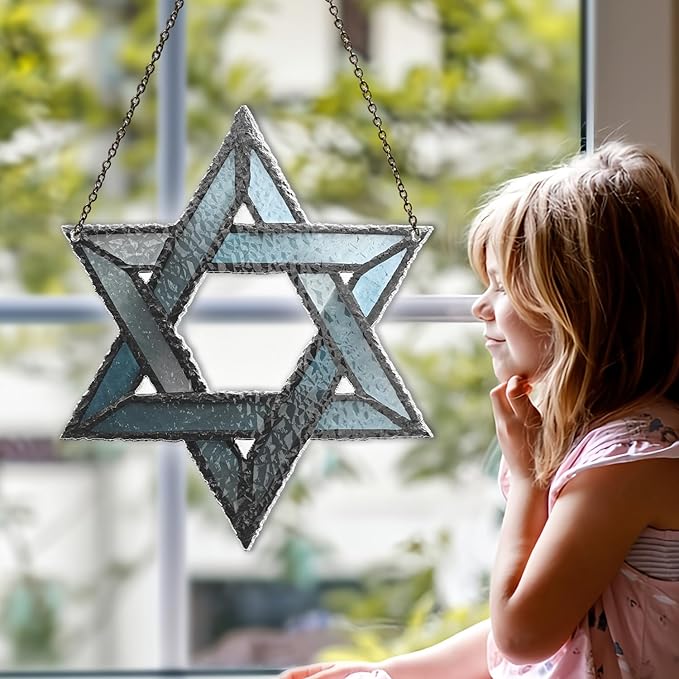 Hanukkah Suncatchers for Windows Hanging - Star of David Ornament, Personalized Hanukkah Ornaments, Wavy Hologram Window Suncatchers