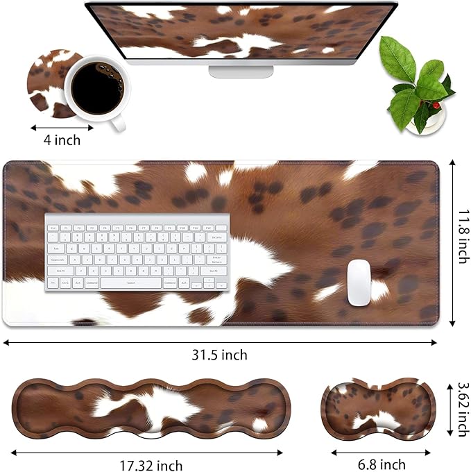 4 in 1 Ergonomic Memory Foam Mouse Pad Wrist Rest Set, Large XXL Gaming Desk Pad + Keyboard Wrist Rest + Mouse Wrist Cushion + Coaster for Home Office Study Gaming, Brown Cow Print