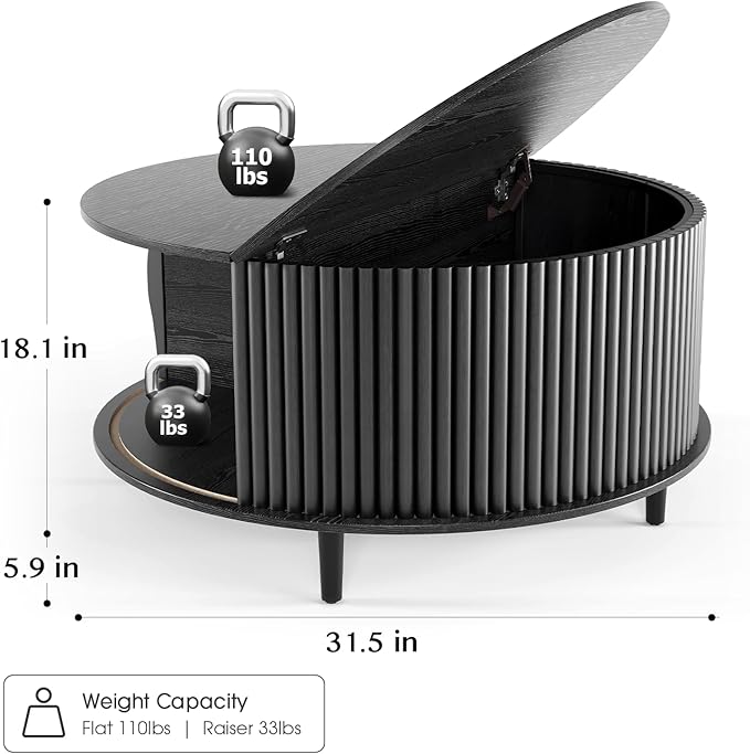 Round Coffee Table with Storage, 31.5" Center Table with Sliding Door,Fluted Small Coffee Table for Living Room,Black