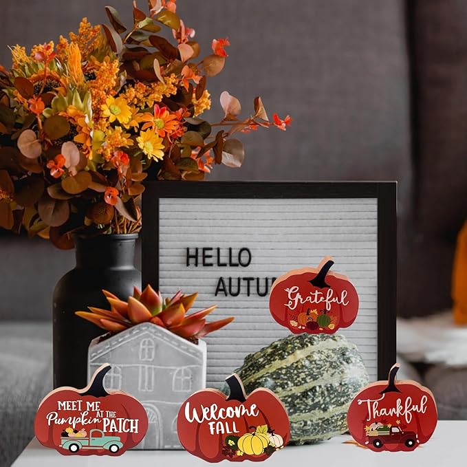 Cute Pumpkin Autumn Decorations Indoor, 4 Pcs Wooden Tiered Tray Decor Table Sign Thanksgiving Fall Decor Pumpkin Signs for Party Home Shelf Display
