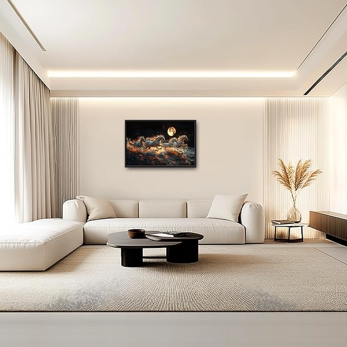 Horse Wall Art, White Horses Pictures Wall Decor, Running Animal in Moonlight Canvas Prints Painting, Large Framed Artwork for Living Room Office Bedroom Bathroom Corridor 36"x 24"
