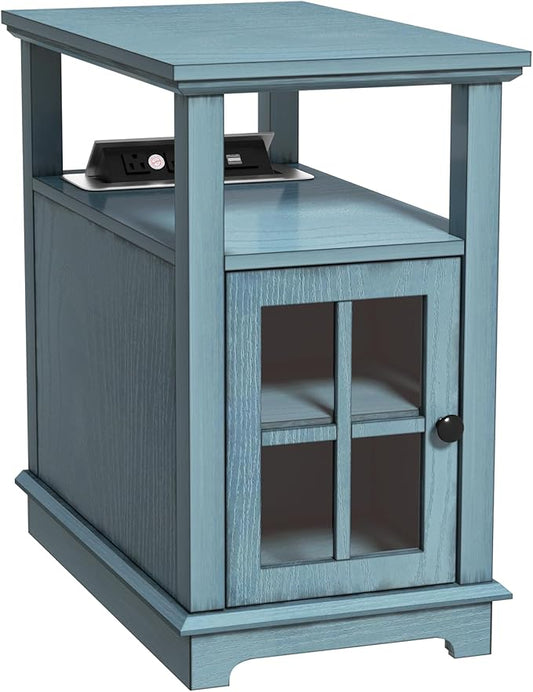 HIFYOBRO End Table with Hidden Charging Station, Narrow Side Table with Storage, Nightstand for Small Spaces with USB Ports & Power Outlets Bedside Table