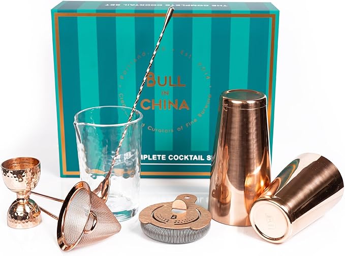 Shaken & Stirred Cocktail Set by Bull in China - Premium Bartender Gift Set w/ 2 Piece Weighted Shaker, Hammered Jigger, Hawthorne Strainer, Fine Mesh Strainer, Mixing Glass & Barspoon (Copper)