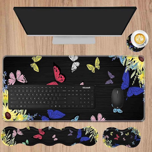 Mouse Pad Set,(31.5×11.8 in) Desk Pad + Keyboard Wrist Rest Support + Mouse Wrist Rest + Coaster for office,home,computer,laptop - 4 Sunflower Flower and Butterfly