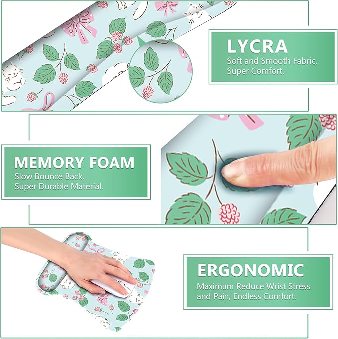AIMSA Ergonomic Keyboard Wrist Rest and Mouse Pad with Wrist Support, Cute Memory Foam Mousepad Set for Computer, Laptop, Gaming and Office, Easy Typing, Pain Relief,Pink Bows