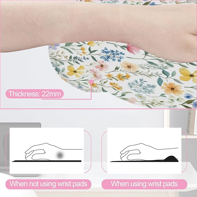 Wildflowers Leaves Mouse Pad with Wrist Rest and Keyboard Wrist Rest Set, Spring Colorful Flowers Non-Slip Rubber Base Memory Foam Mouse Pad Set for Women, Office Desk Accessories, Gaming
