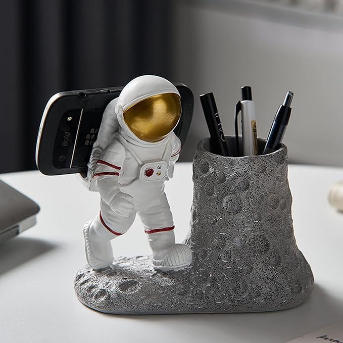 BUTILIVEEN Astronaut Pen Pencil Holder with Phone Stand, Resin Spaceman Pen Container Cell Phone Stand for home Office Desktop Decoration, Gifts for Space Lovers, Gifts for Christmas