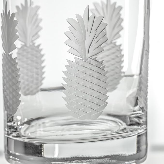 Rolf Glass Fresh Pineapple Double Old Fashioned Glass | 13oz Etched Whiskey Tumblers | Lead-Free and Diamond-Wheel Engraved | Made in the US | Tropical Etched Pineapple Design | Set of 4