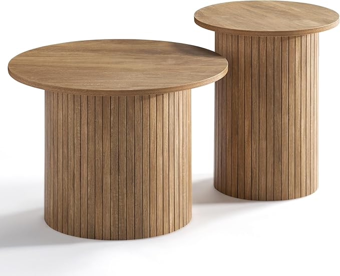 Nesting Coffee Table Set of 2, Mid Century Modern Round Coffee Table, Wood Slat Side Table Set for Living Room, Office, Balcony (Natural Oak)