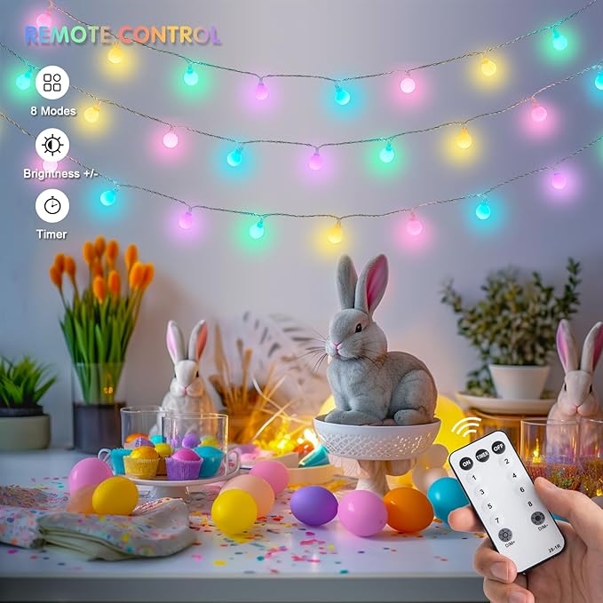 JMEXSUSS 100 LED Connectable Globe String Lights Indoor, 33ft Multicolor Fairy Lights Plug in with Remote, 8 Modes Pastel Lights for Easter Bedroom Tree Room Party Decoration
