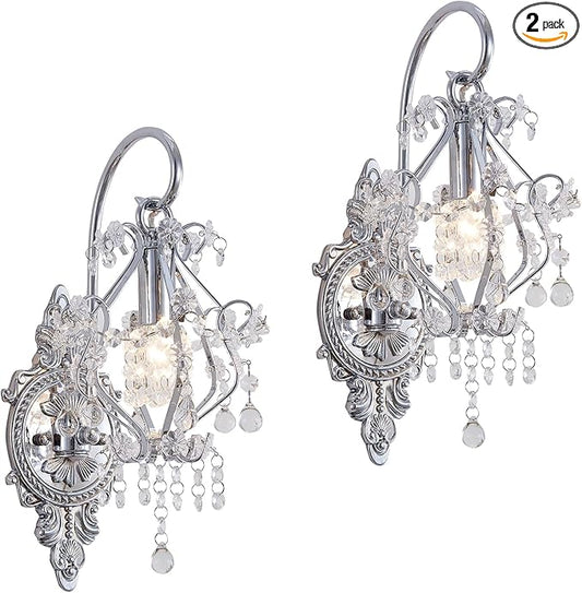 Silver Crystal Vintage Wall Sconces Set of 2 Indoor Hardwired Wall Light Fixture, Modern Wall Mount Lamp Light for Bedroom Living Room Bathroom Vanity Light Hallway Light Fixture Decor LED E12