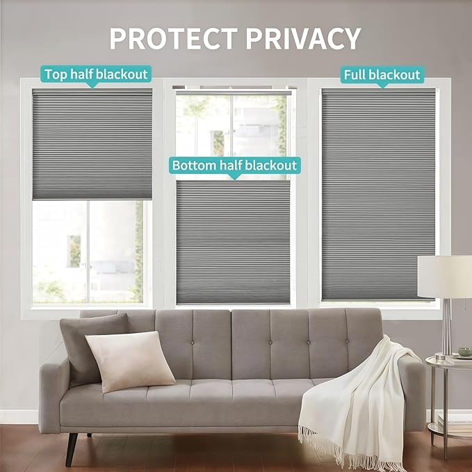 Joydeco No Tools No Drill Blinds for Indoor Windows, Cordless Window Blinds Cellular Shades Top Down Bottom Up Blackout Honeycomb Blinds Thermal Insulated Noise Reduction (Grey, 33" W x 64" H)