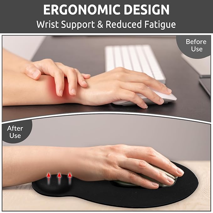 Ergonomic Mouse Pad with Wrist Rest, Black Mousepad with Non-Slip Rubber Base and Smooth Surface, Small Mouse Pads for Desk, Office Desk Accessories