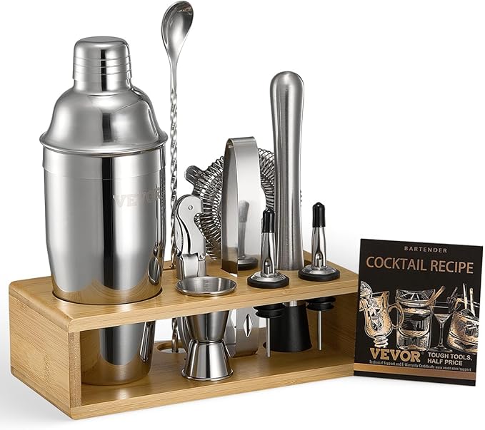 VEVOR Cocktail Shaker Set, 10-Piece Stainless Steel Bar Tools with Bamboo Stand, Martini Bartender Kit Accessories | Mixer Spoon, Muddler, Jigger, Strainer, Liquor Pourers, Ice Tong, Corkscrew, Silver