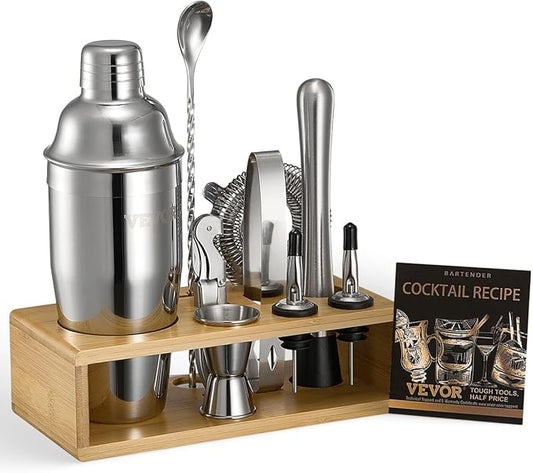 VEVOR Cocktail Shaker Set, 10-Piece Stainless Steel Bar Tools with Bamboo Stand, Martini Bartender Kit Accessories | Mixer Spoon, Muddler, Jigger, Strainer, Liquor Pourers, Ice Tong, Corkscrew, Silver