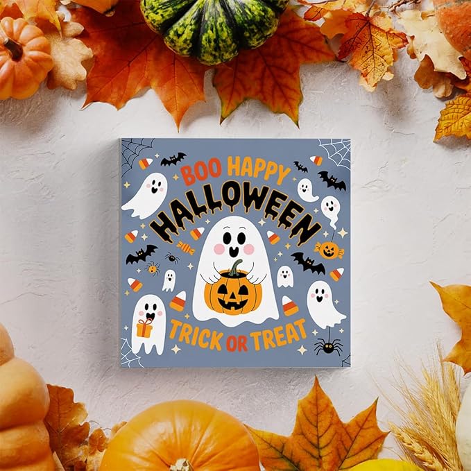 HTBIG Halloween Cute Ghost Boo Happy Hahalloween Trick OR Treat Wooden Box Sign Office Decor Room Decor Suitable family Computer Desk Dressing Table 5 x 5 Inch