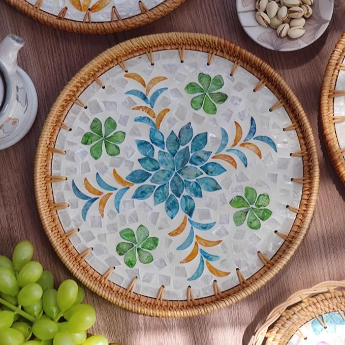 Rattan Serving Tray with Mother of Pearl, Round Coffee Table Tray Decor, Boho Decorative Round Hand-Woven Wicker Home Decor (Spring Garden, 12 inch)