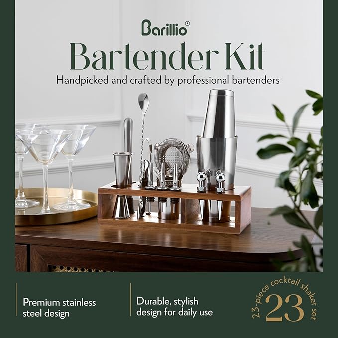 Barillio Bartender Kit – 23-Piece Stainless-Steel Cocktail Shaker Set with Premium Acacia Stand | Martini Barware Mixing Tools for Home Bartending | Gift Set