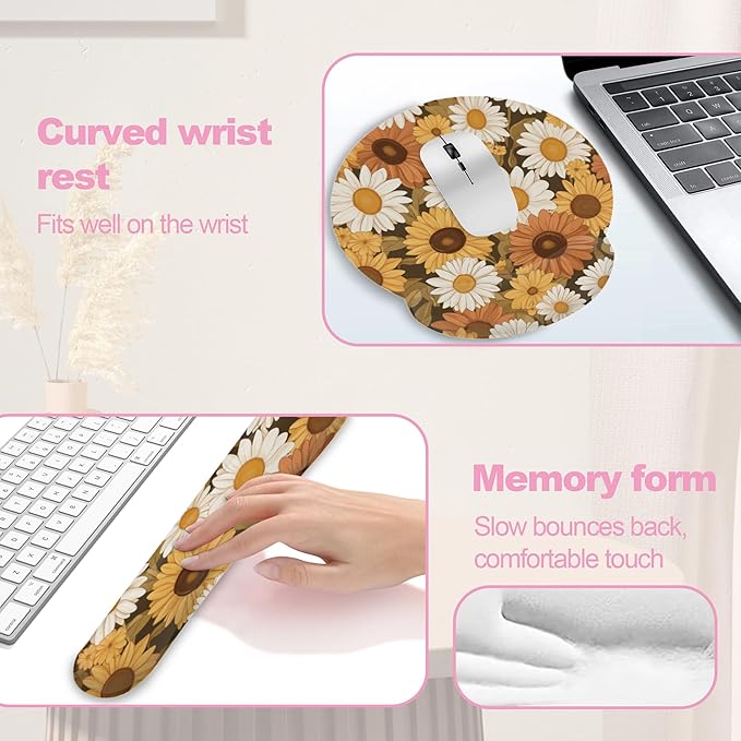 Vintage Daisy Sunflower Mouse Pad with Wrist Rest and Keyboard Wrist Rest Set, Non-Slip Rubber Base Memory Foam Mouse Pad Set for Women, Office Desk Accessories, Gaming