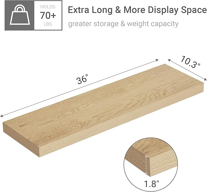 Vivelove 10 inches Deep Floating Shelves 36 inch Long, Single Wall Shelves Heavy Duty 70 lbs for Bedroom, Bathroom, Living Room, Kitchen, Office, Modern Shelf Home Decor, Set of 1, Oak