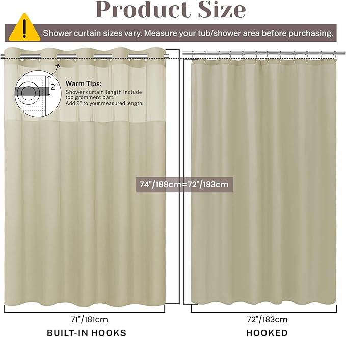 No Hook Slub Textured Shower Curtain with Snap in Liner - Linen Fabric Outer Curtain & Waterproof Inner Liner, Hotel Style with See Through Top Window, 71x74 in