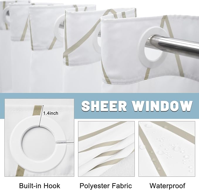 No Hook Beige Khaki Striped Shower Curtain with Snap in Liner Set - Hotel Shower Curtain and Liner Set with See Through Mesh Top Window,Machine Washable, 71x74 INCH