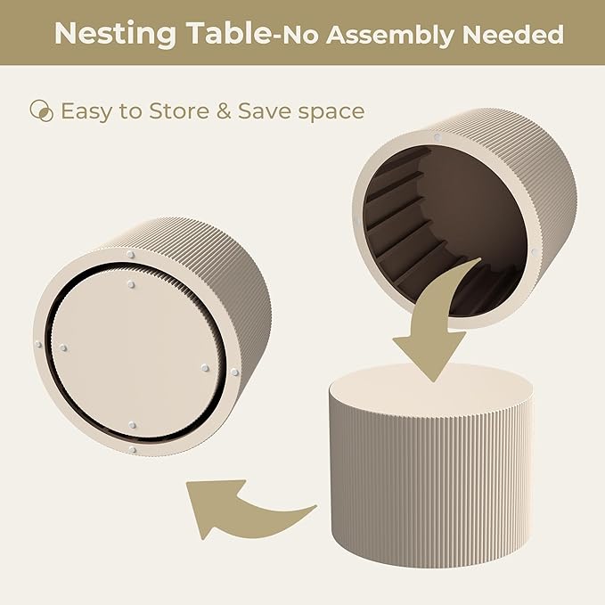 Round Coffee Table Set of 2, Modern Wooden Beige Nesting Coffee Tables for Living Room, No Assembly Required Circle Side Tables Set Accent End Table for Bedroom, Balcony