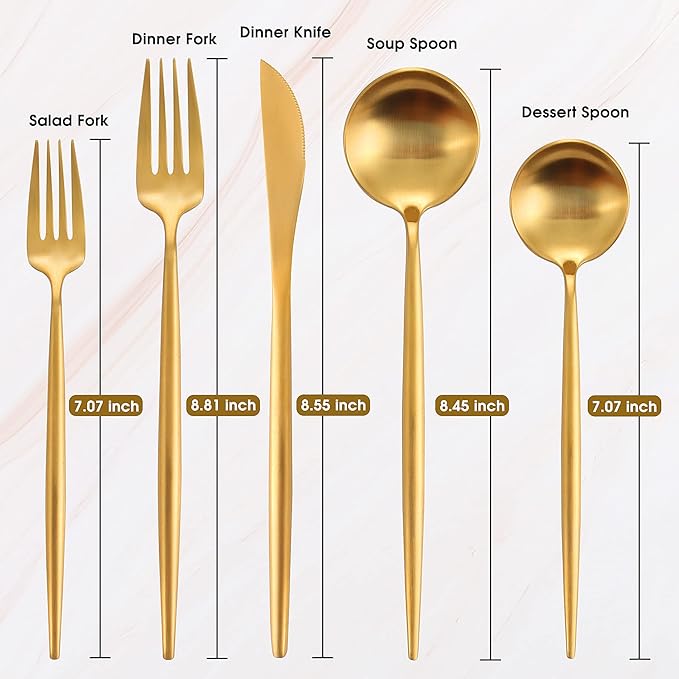 Matte Gold Silverware Set, IBIILII JEFF 40 Pieces Stainless Steel Flatware Set，Kitchen Utensil Set, Tableware Cutlery Set, Knife Spoons And Forks Set, Satin Finished Polished & Dishwasher Safe