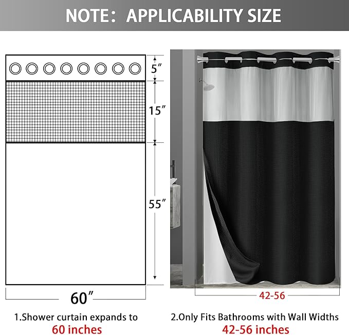 YellyHommy Stall No Hook Shower Curtain with Snap in Liner Set Less Time Black Waffle Shower Curtain for Bathroom 75" L x 60" W