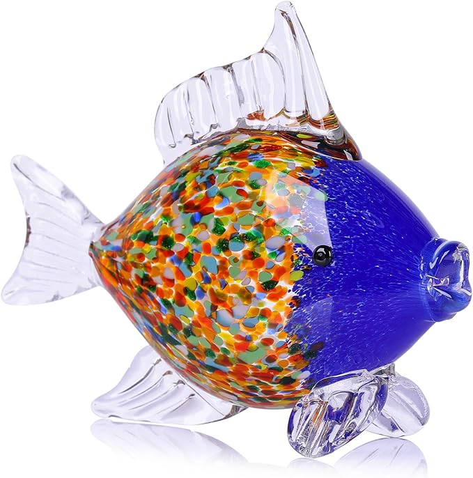9.4 in Blown Colored Glass Fish Statue, Blue Glass Fish Paperweight Sculpture for Modern Home Decor, Living Room Coffee Table, Office Desk, Dining Table Centerpiece, and Window Display (G)