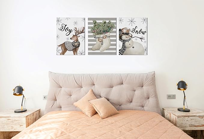 BIWSHA Christmas Wall Art Prints,Winter Wall Posters Aesthetic Wall Art Set of 3,Reindeer Snowman Christmas Decor,Wall Prints Decor for Living Room Bedroom Porch,11×14 Inch