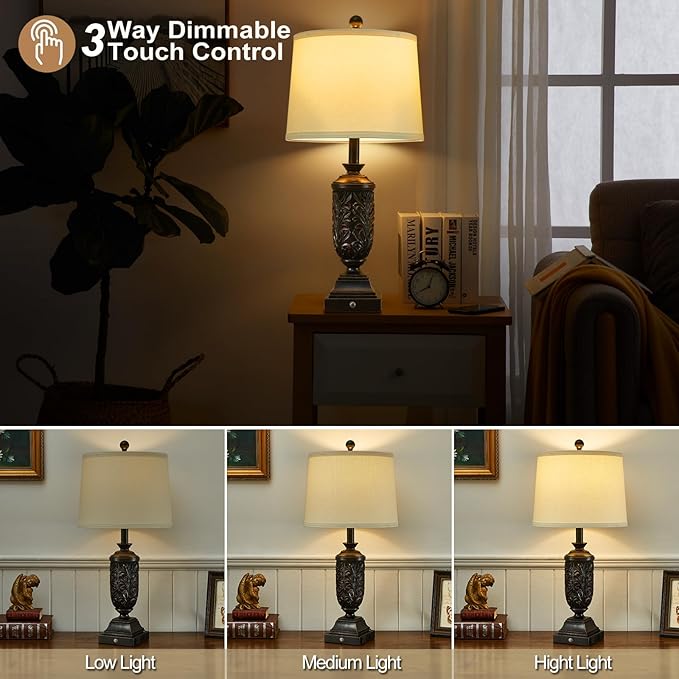 26.5" Farmhouse Table Lamp Set of 2, 3-Way Dimmable Touch Control Bedside Lamps Vintage Rustic Side Table Nightstand Lamps for Bedroom Living Room Study Room