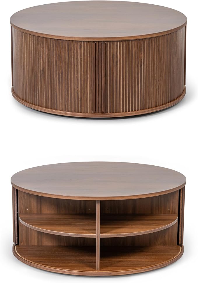 WERMO 35'' Round Coffee Table with Storage and Shelves - Round Center Table for Living Room and Office. Wood Mid Century Modern Coffee Tables for Living Room (Walnut)
