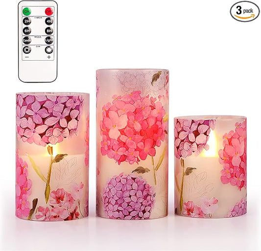 Flameless Candles Flicker LED Flame-Simulated, Pink Hydrangea Love Theme Realistic Glass Candles with Remote Timer, Lady's Gift Home Decor Bedroom Dinner Table Ornament 3" x 4" 5" 6"