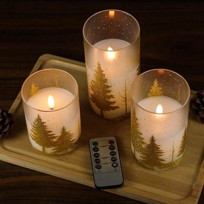 DRomance Christmas Tree Glass Flameless Candles with Remote Timer Battery Operated Real Wax 3D Wick LED Flickering Pillar Candles Christmas Holiday Decor(Gold, 3 x 4,5,6 Inch)