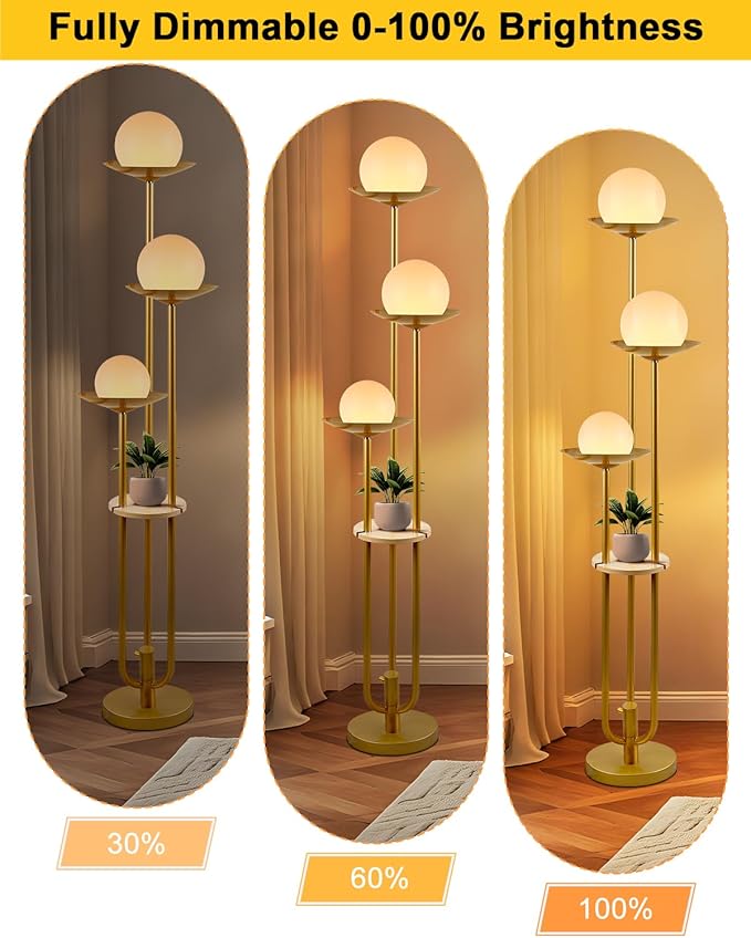 Lightdot 63IN Globe Floor Lamp with Shelf 3-Lights Modern Dimmable Floor Lamps with 3000K Soft Warm White Bulbs for Wedding/Party, Gold Tall Standing Lamp for Living Room/Bedroom