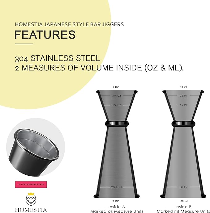 Homestia 2 Pack Japanese Jigger for Bartending, Double Cocktail Measuring Cup 304 Stainless Steel Jigger 2 oz 1 oz w/Measurements Inside for Bartenders, Bar Supplies (Black)