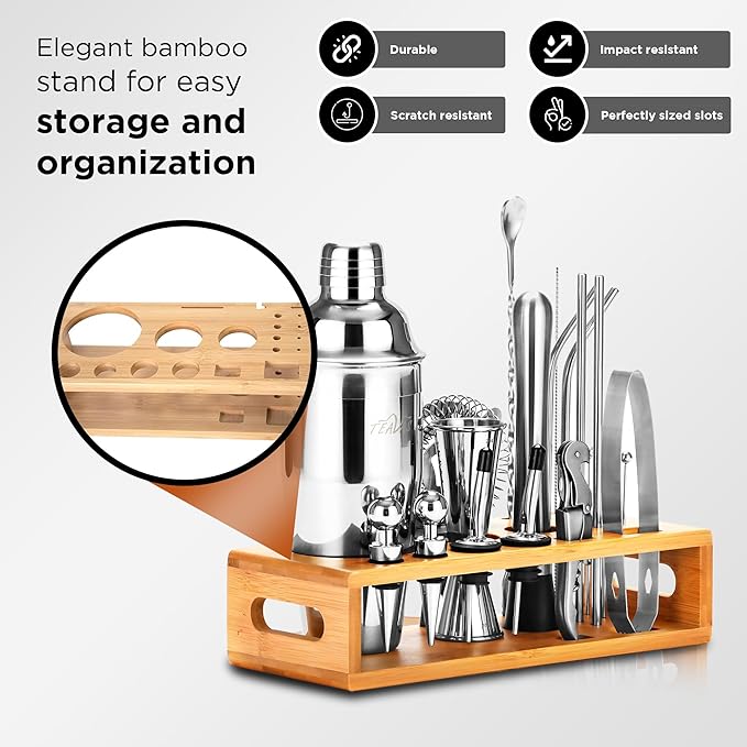 Mixology Bartender Kit with Japanese Jigger & Bamboo Stand - 25 Piece Stainless Steel Cocktail Making Set, Shaker, Strainer, Mixer, Spoon, Muddler, Barware Tools - Birthday Gifts & Anniversary