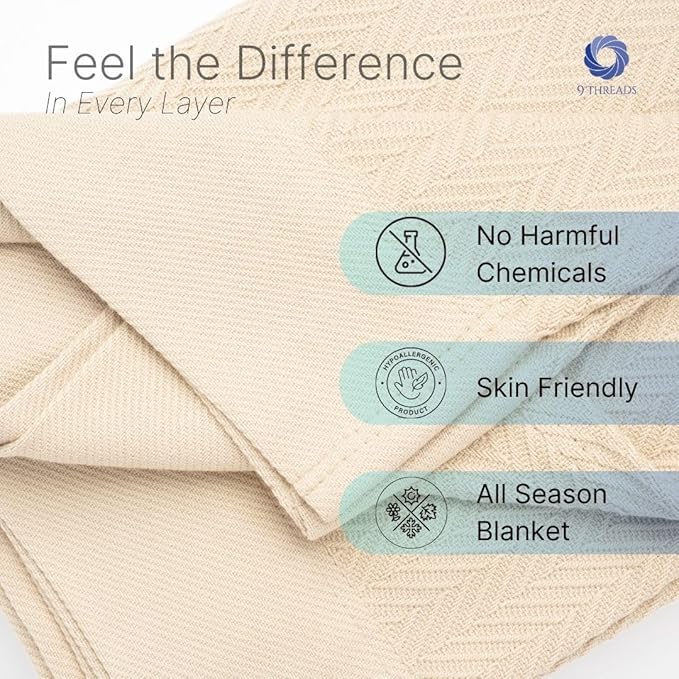 Queen Size Multipurpose Blanket, 100% Extra Long Staple Cotton, Soft & Breathable Herringbone Weave, Beige, Lightweight, Machine Washable, All-Season Throw Blanket for Bedroom & Travel