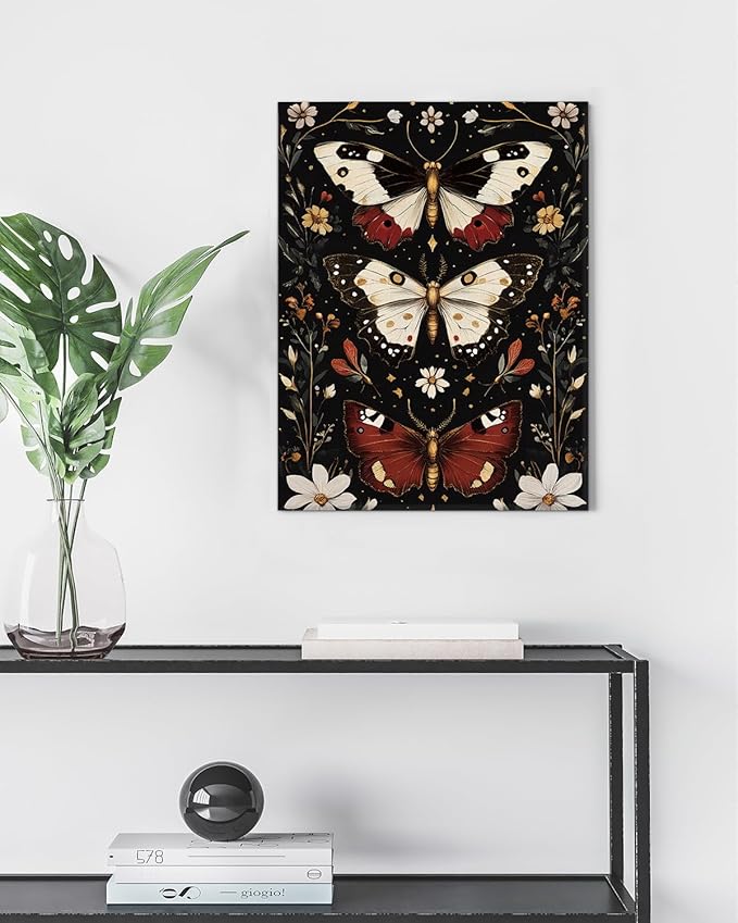 Aesthetic Moths Wall Art Decor Gothic Dark Academia Moth Canvas Print Poster Botanical Framed Painting Wall Decorations for Home Farmhouse Living Room Bedroom Decor 11x15 Inch